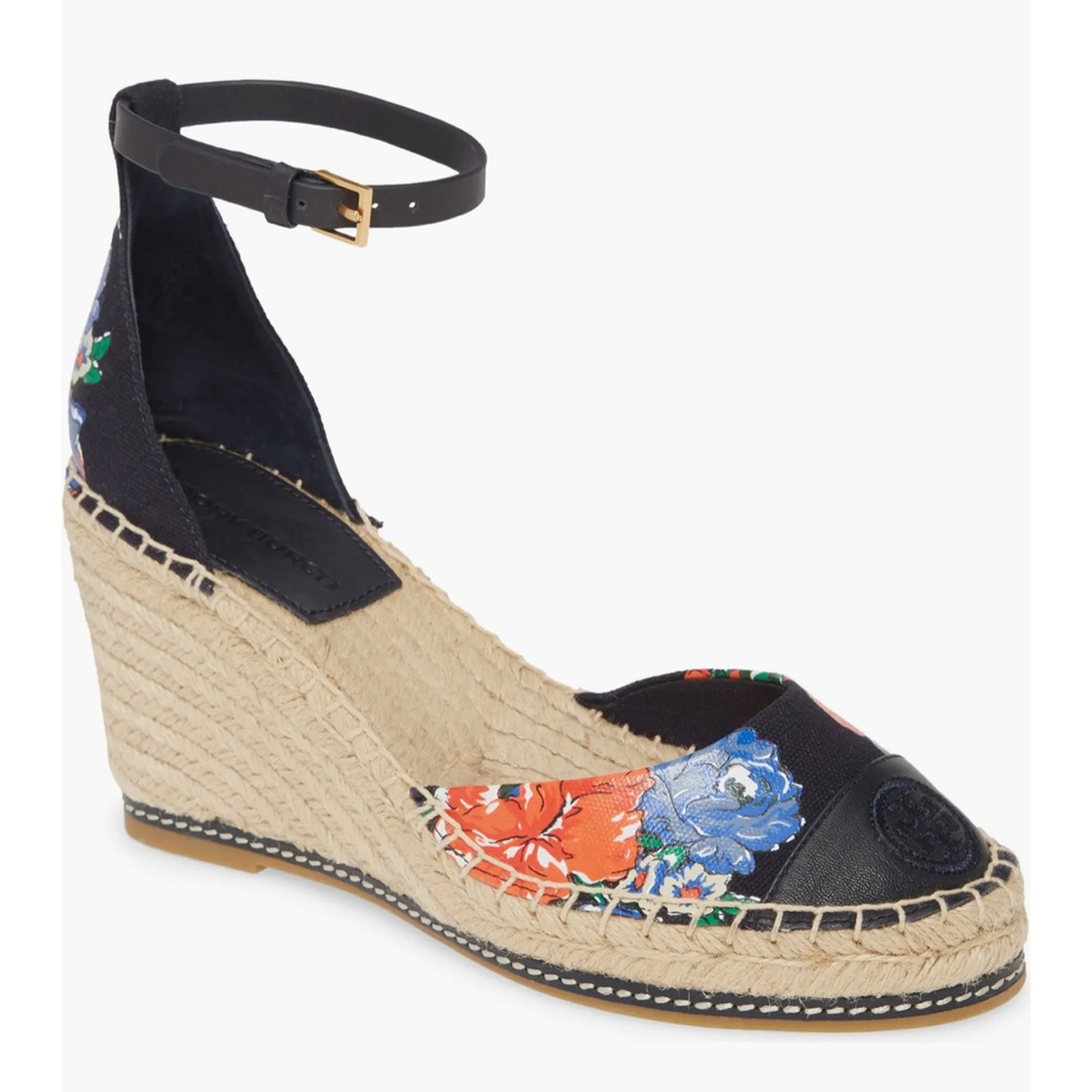 NEW TORY BURCH WOMEN'S COLOR-BLOCK WEDGE-HEEL ESPADRILLE PUMPS IN NAVY TEA ROSE